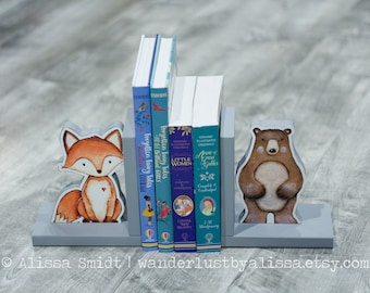 Fox and Bear Watercolor Wooden Bookends - Custom Created (woodland animals)