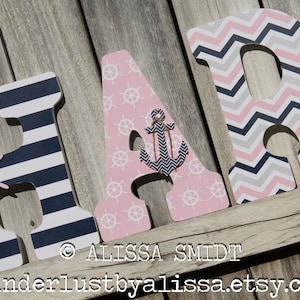 Nautical Nursery Letters, Custom Wooden Letters, Custom Letters, Baby Girl (whale, boat, anchor, pink, grey, gray, navy) 12 Inch Size