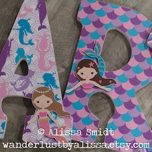 Mermaid Letters, Custom Wooden Nursery Letters, Custom Letters, Baby Girl, Little Girl (mermaid, purple, teal, pink) 12 Inch Size