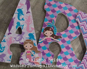 Mermaid Letters, Custom Wooden Nursery Letters, Custom Letters, Baby Girl, Little Girl (mermaid, purple, teal, pink) 12 Inch Size