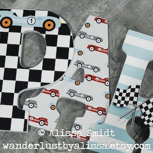 Race Car Letters, Vintage Car Letters, Baby Nursery - Custom Nursery Wooden Letters, 9 inch size (black, white, aqua, grey, gray, red)