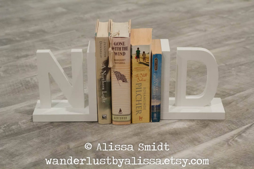 White Letter Bookends, Initial Bookends, Wooden Custom Bookends Custom