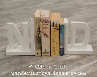 White Letter Bookends, Initial Bookends, Wooden Custom Bookends - Custom Created to Coordinate with Your Decor (alphabet bookend)