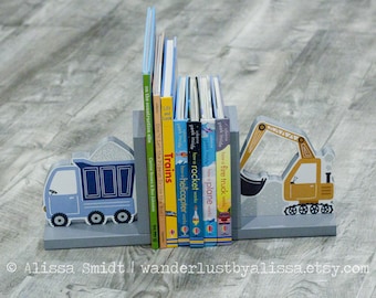 Construction Trucks Wooden Bookends - Custom Created (excavator, dump truck)