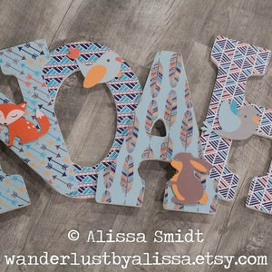 Arrow Feather Woodland Animal Theme Custom Nursery Wooden Letter Wood Name Arrows Feathers fox bird rabbit Nursery Decor baby shower gift