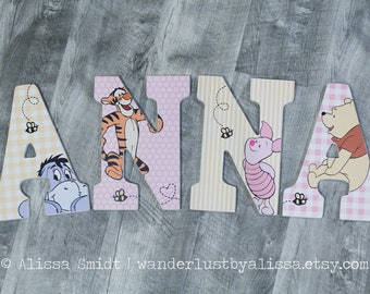 Winnie the Pooh Nursery Decor Letters, Custom Wooden Letters, Hugs and Honeycombs  in pink (winnie the pooh, piglet, eeyore, tigger, kanga)