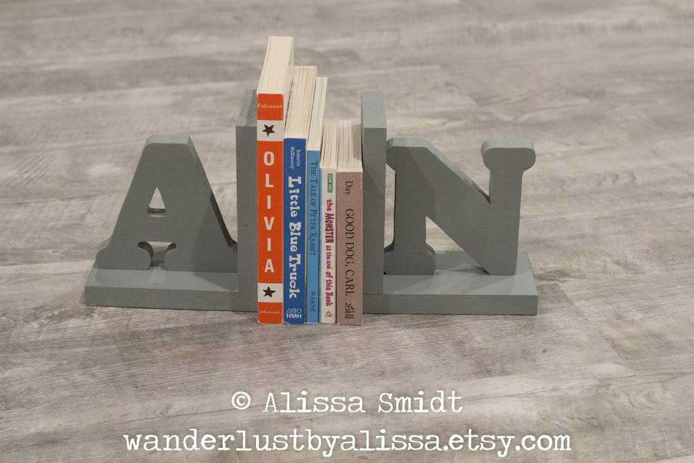Letter Bookends, Initial Wooden Custom Bookends | Alphabet Bookend, Grey, Gray