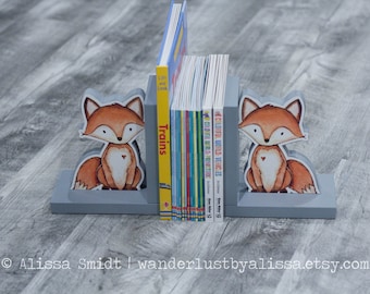 Fox Wooden Bookends - Custom Created (watercolor fox, woodland animals, Valentine's gift)