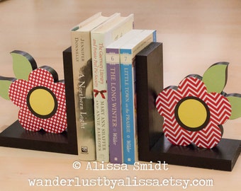 Custom Designed Wooden Flower Bookends - Custom Created to Coordinate with Your Decor or Nursery Letters (red, black, polka dot, chevron)