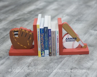 Baseball themed wood bookends, with personalization - Custom Wooden Bookends (baseball, bat, glove)