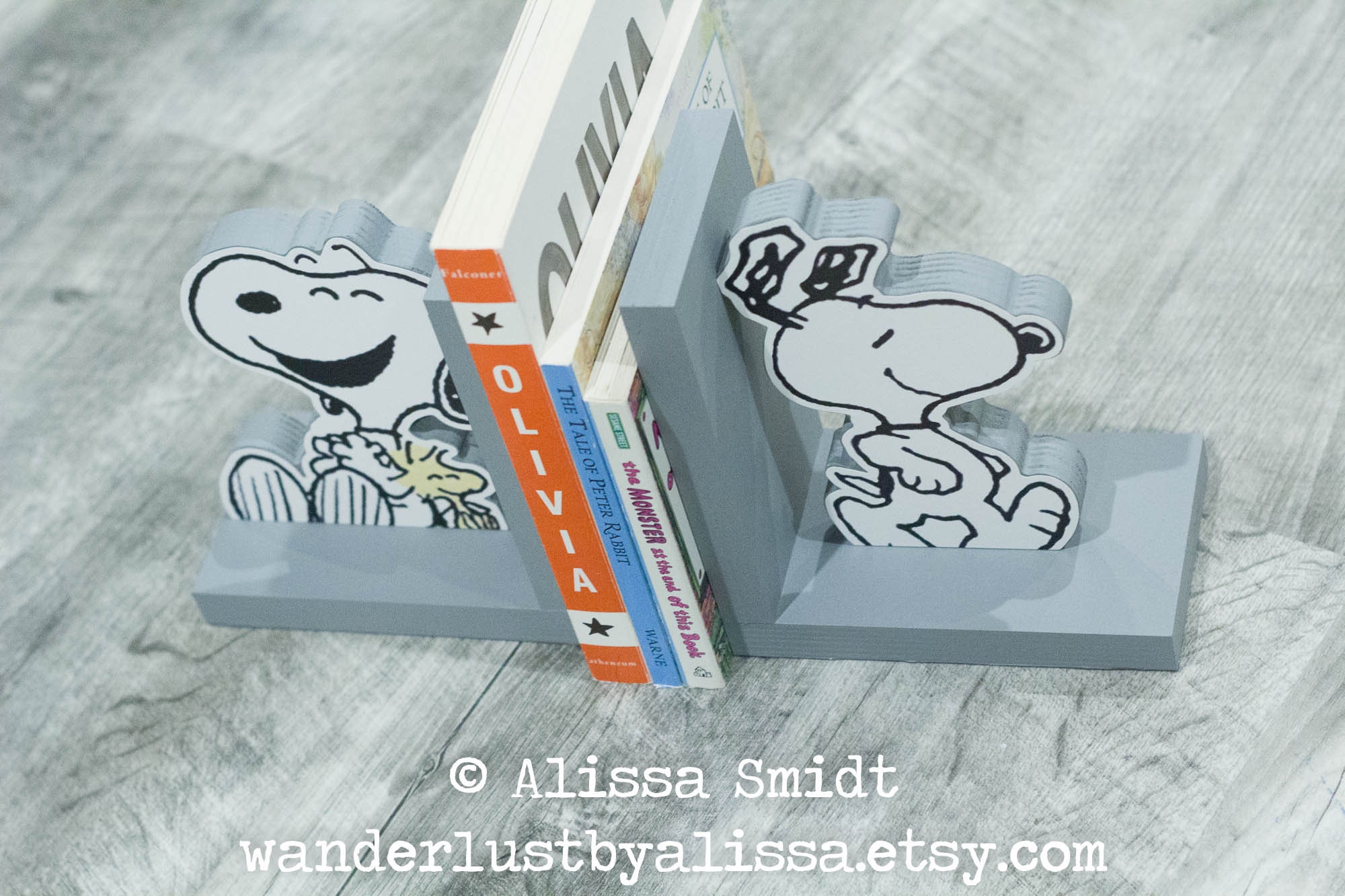 Snoopy and Woodstock Bookends Custom Wooden Bookends grey Etsy