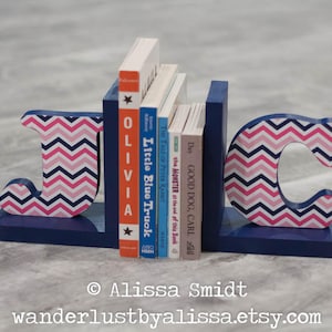 Letter Bookends, Initial Bookends, Pink and Navy Chevron Wooden Custom Bookends - Custom Created  (alphabet bookends, name bookends)