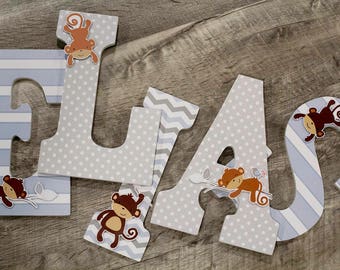 Mod Monkey Letters - Custom Letters, Wooden Nursery Letters  (monkey, jungle animals, blue, grey, gray) 9 inch