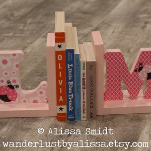 Ladybug Letter Bookends, Pink Initial Bookends, Wooden Bookends - Custom Created (pink, alphabet bookends, name bookends)