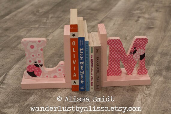 Ladybug Letter Bookends Pink Initial, Wooden Letter Bookends Uk