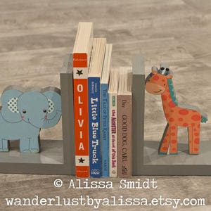 Yoo Hoo elephant and giraffe bookends, Jungle Themed Custom Made Wooden Bookends (Yoo Hoo, grey, teal, aqua, wood bookends)