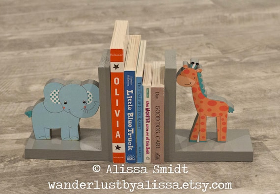 Yoo Hoo Elephant and Giraffe Bookends Jungle Themed Custom Made Wooden Bookends yoo Hoo Grey Teal Aqua Wood Bookends Etsy