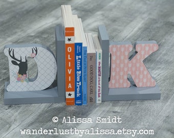 Deer and Arrow Letter Bookends, Initial Bookends, Wooden Custom Bookends - Custom Created (alphabet bookends, name bookends, pink, grey)