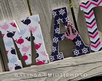 Nautical Nursery Letters, Custom Wooden Letters, Custom Letters, Baby Girl (whale, boat, anchor, pink, light pink, navy) 7 Inch Size