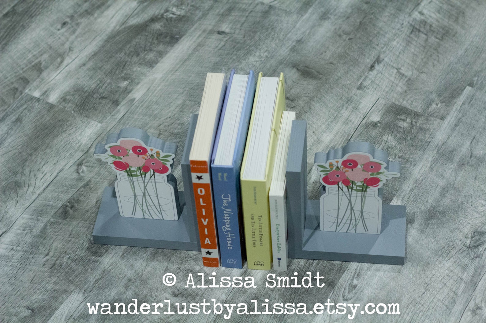 Flower Mason Jar Bookends Custom Wooden Bookends grey Gray Etsy
