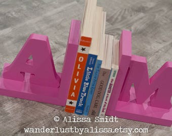 Pink Magenta Letter Bookends, Initial Bookends, Wooden Custom Bookends - Custom Created to Coordinate with Your Decor (alphabet bookend)