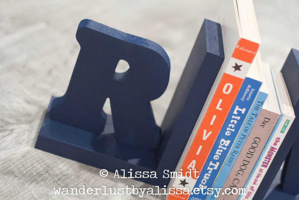 Navy Letter Bookends, Initial Bookends, Wooden Custom Bookends Custom