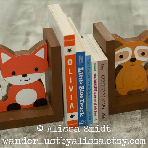 Fox and Raccoon Wood Bookends Custom Created to Coordinate with Your Decor or Nursery Letters