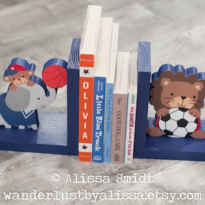 Future All Star bookends, Elephant Lion Sports Themed Wooden Bookends (elephant, lion,  sports, basketball, soccer, Lambs and Ivy bedding)