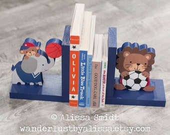 Future All Star bookends, Elephant Lion Sports Themed Wooden Bookends (elephant, lion,  sports, basketball, soccer, Lambs and Ivy bedding)