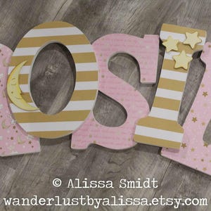Star and Moon, Custom Wooden Nursery Letters, Custom Letters (pink and gold nursery decor, stars, moon, twinkle twinkle) 12 Inch Size