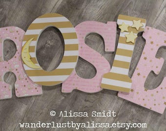 Star and Moon, Custom Wooden Nursery Letters, Custom Letters (pink and gold nursery decor, stars, moon, twinkle twinkle) 12 Inch Size