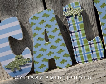 Custom Nursery Wooden Letters, Baby Boy Nursery - Alligator Plaid Theme Custom Letters, 7 inch Size (alligator crocodile madras) blue green