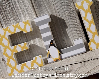 Penguin Letters, Custom Nursery Wooden Letters, Baby Boy Nursery or Baby Girl Nursery - Penguin Theme Custom Letters (yellow, grey, gray)