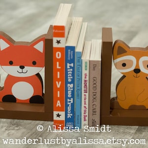 Fox and Raccoon Wood Bookends - Custom Created to Coordinate with Your Decor or Nursery Letters (Echo bookends, woodland animals, brown)