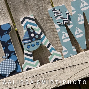 Nautical Nursery Letters, Custom Wooden Letters, Custom Letters, Baby Boy (whale, boat, anchor, blues, navy) 7 Inch Size