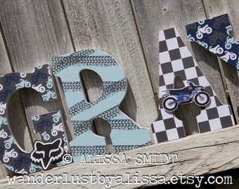 Dirtbike Letters, Baby Nursery - Custom Nursery Wooden Letters, 9 inch size (blue, light blue, grey, gray, navy, dirt bike, motocross)