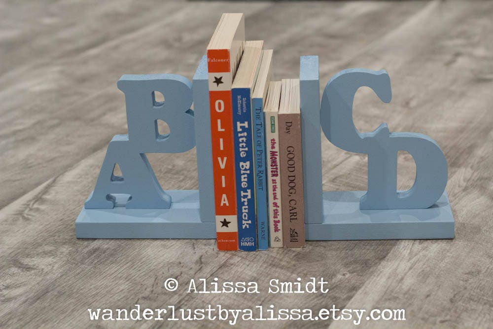 ABCD Wooden Letter Bookends - Custom Created to Coordinate with Your Decor (alphabet bookends, ABCD, initial bookends, name bookends, blue)