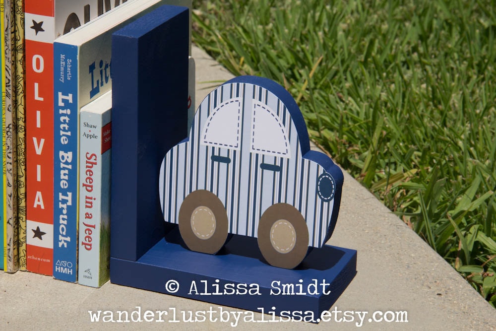 Custom Designed Wooden Car Bookends - Created To Coordinate With Your Decor Or Nursery Letters | Car, Transportation, Blue, Brown
