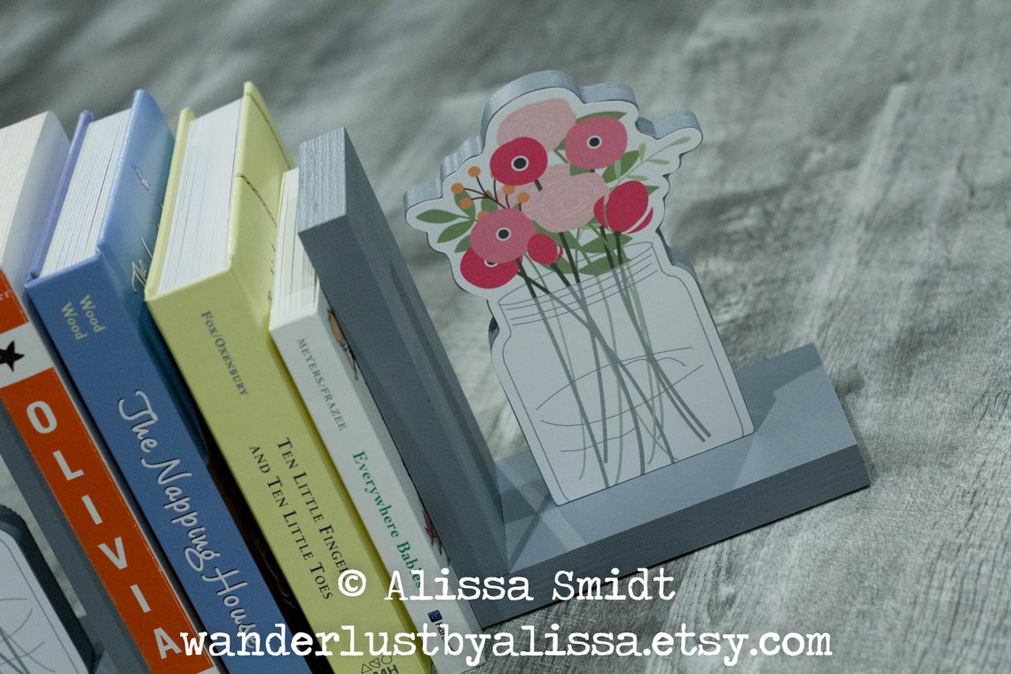Flower Mason Jar bookends Custom Wooden Bookends grey gray Etsy
