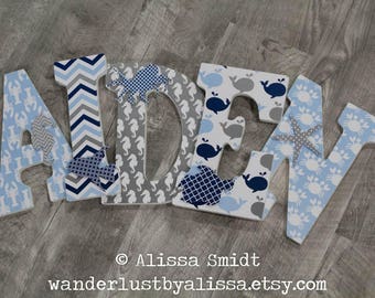 Sea Animal Nursery Letters, Custom Wooden Letters - 9 Inch Size (whale, fish, octopus, seahorse, crab, starfish, lobster, navy, blue, grey)