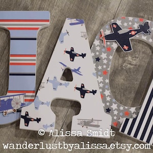 Airplane Theme Take Flight Custom Nursery Letters - Custom Nursery Wooden Letters, blue, grey, navy, orange - Baby Nursery Letters 9 Inch