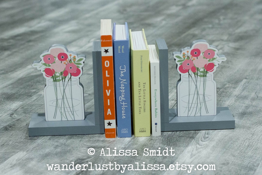 Flower Mason Jar Bookends Custom Wooden Bookends grey Gray Etsy