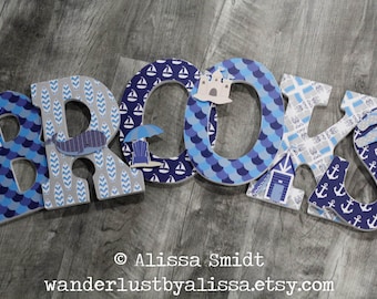 Surfing Beach Nursery Letters, Custom Wooden Letters - 9 Inch Size (whale, surfboard, beach, flipflop, sandcastle, navy, aqua, grey)