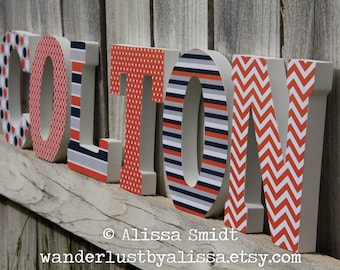 Custom Nursery Letters, Custom Wooden Letters, Baby Boy, Baby Girl (geometric patterns, polka dots, stripes, chevron, navy) 7 Inch Size