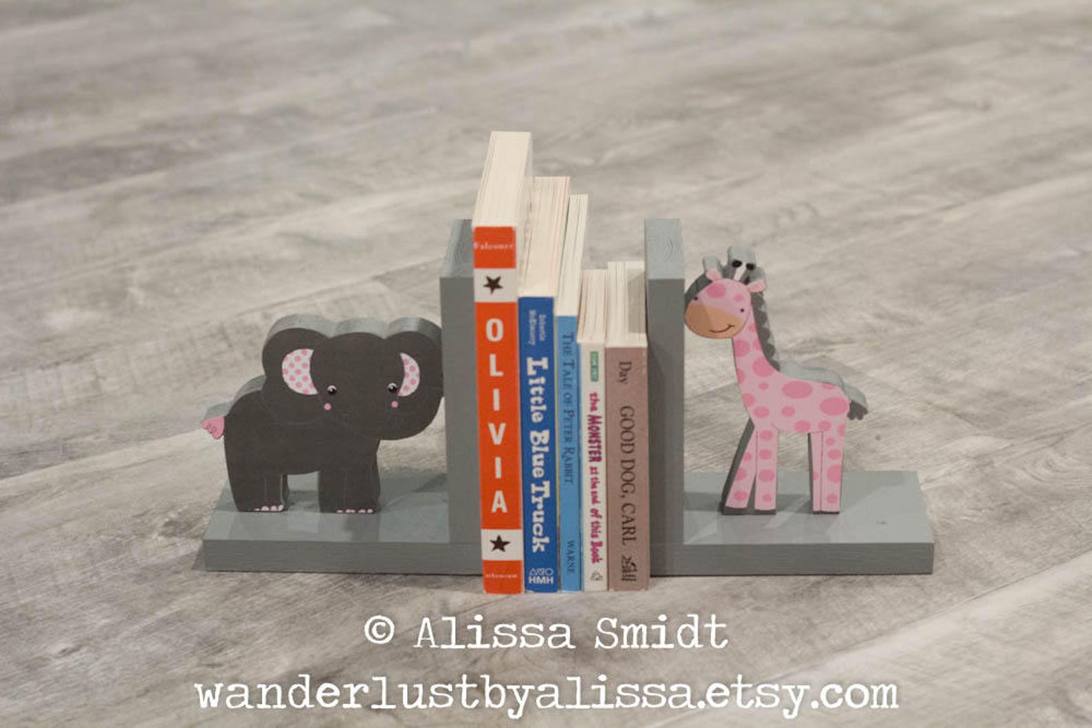 Elephant and Giraffe Bookends, Pink and Grey, Jungle Themed Custom Made ...