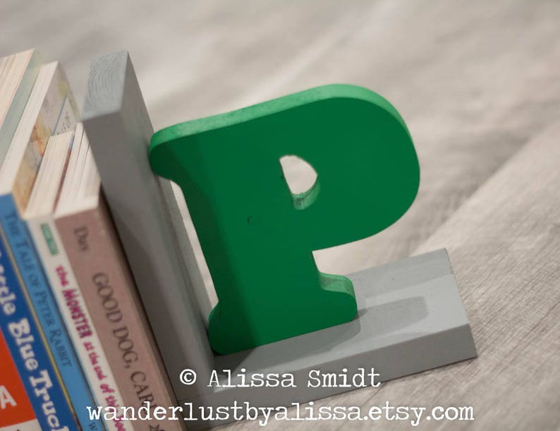 Initial Bookends Letter Bookends Green and Grey Gray Wooden Etsy