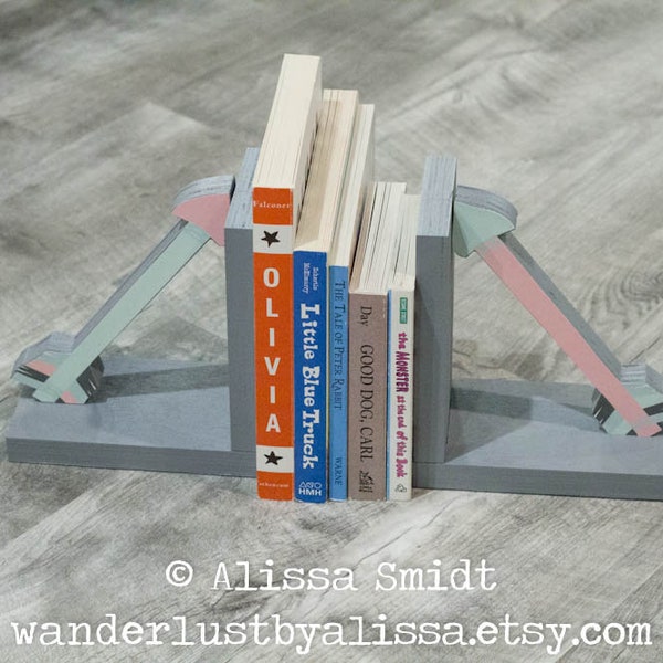 Arrow Bookends, Wood Bookends - Custom Created to Coordinate with Your Decor or Nursery Letters (mint, pink, grey, gray)