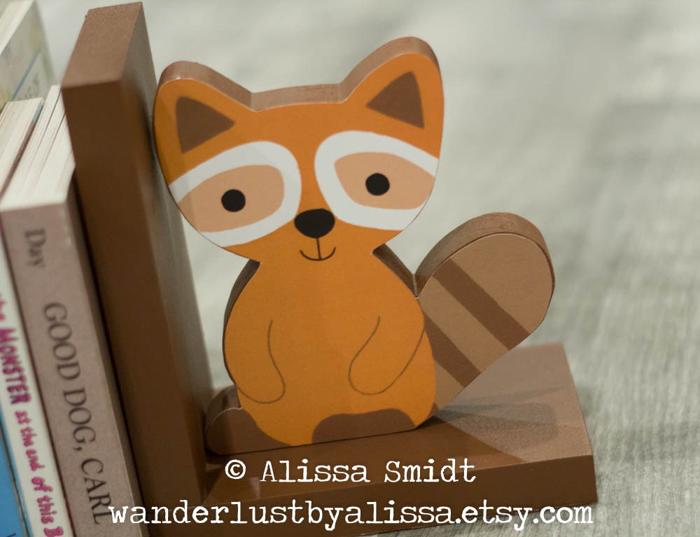Fox and Raccoon Wood Bookends Custom Created to Coordinate with Your Decor or Nursery Letters