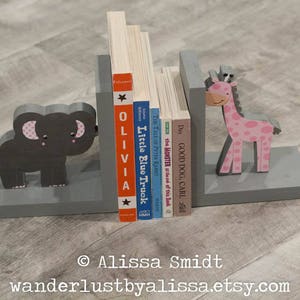 Elephant and giraffe bookends, pink and grey, Jungle Themed Custom Made Wooden Bookends (pink, grey, gray wood bookends)