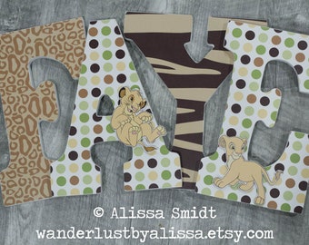 Lion King Letters, Custom Wooden Letters, Wild Adventure bedding -  9 Inch Hanging (brown, yellow, green, simba, nala)